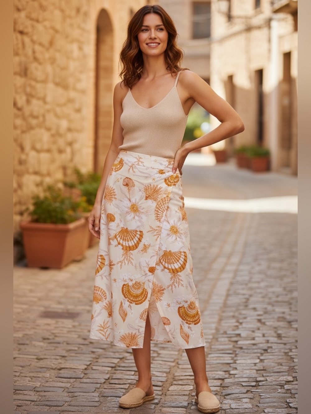 Farm Rio for Anthro Getaway Midi Skirt in Floral and Seashell Print Size Small